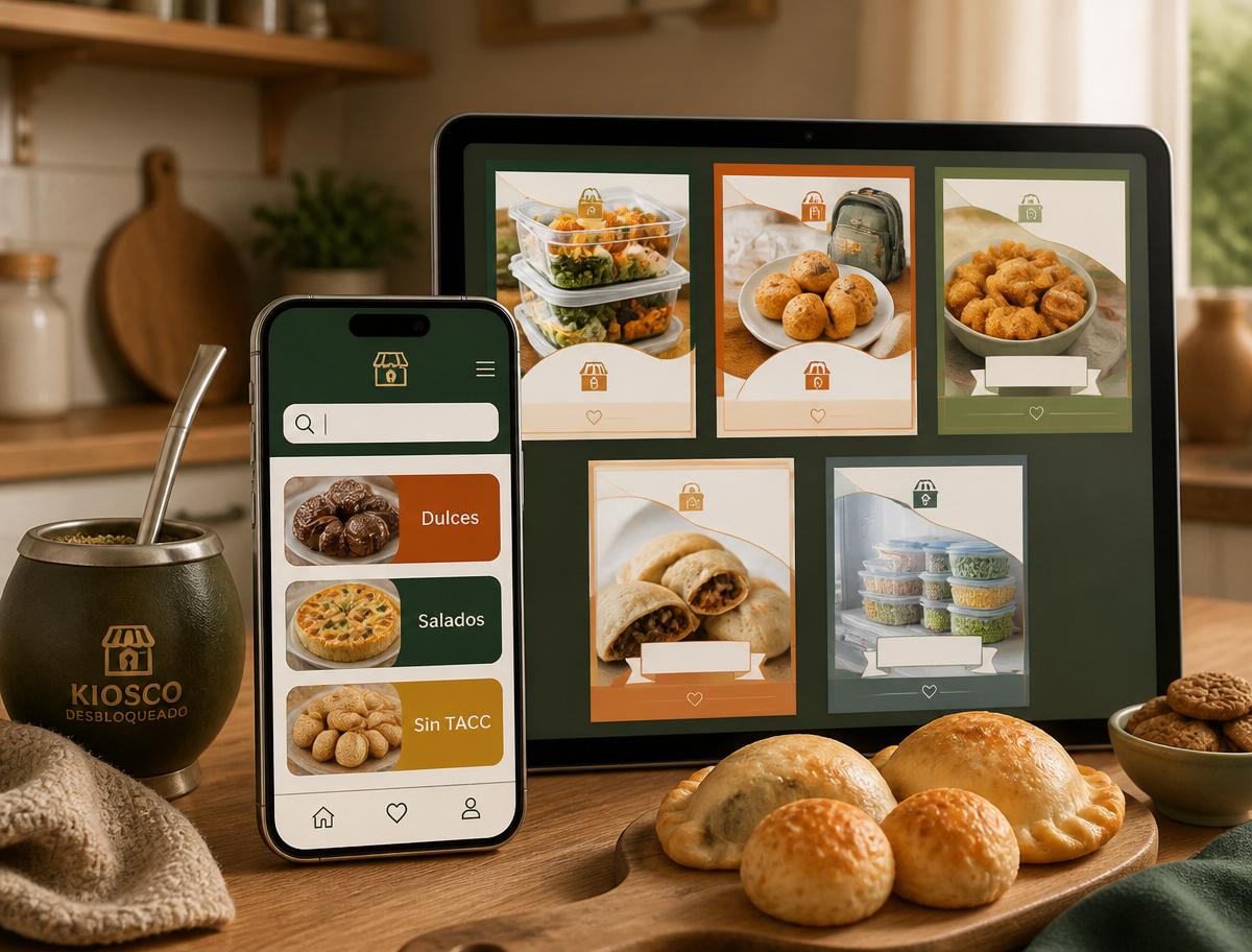Mockup de la app Kiosco Desbloqueado en un celular y tablet, con recetas de meriendas caseras